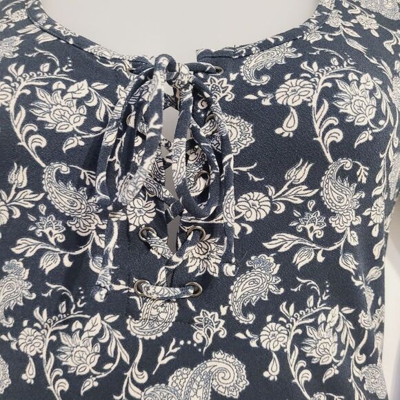 Forever 21 F21 Long Sleeve Bodycon Dress Lace Up Front Navy Paisley XL New OOS - Picture 4 of 10